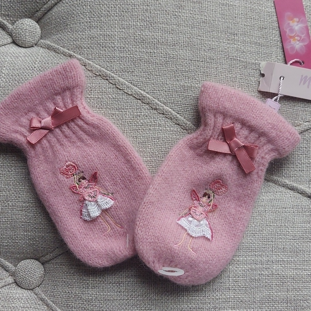 Monsoon Mittens bow embroidery fairy princess - pink - size toddler 1-3 yrs